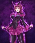  aura bad_end_precure black_bodysuit bodysuit breasts corruption cowboy_shot dark_aura dark_persona evil_smile frilled_sleeves frills highres large_breasts latex latex_bodysuit leebigtree long_sleeves makeup medium_hair pink_hair pink_skirt ponytail precure puffy_long_sleeves puffy_sleeves red_eyes shiny shiny_clothes skirt smile smile_precure! tall_female 