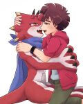  anthro bandai_namco betelgammamon blush brown_hair claws clothing digimon digimon_ghost_game duo embrace eye_contact hair hiro_amanokawa hoodie horn hug human kissing looking_at_another male male/male mammal mstdndkkkkk red_body romantic romantic_couple scalie scarf topwear 