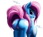  2018 accessory alternate_hairstyle anatomically_correct anatomically_correct_anus anatomically_correct_genitalia anatomically_correct_pussy anus blue_anus blue_body blue_eyes blue_pussy bodily_fluids bow_ribbon butt collar cutie_mark dialogue digital_media_(artwork) dock earth_pony equid equine eyelashes female feral friendship_is_magic furgonomics genital_fluids genitals hair hasbro heart_clitoris hi_res hooves horse looking_back lotus_(mlp) mammal my_little_pony pink_hair pink_tail pony puffy_anus pussy pussy_juice ribbons simple_background solo tail_accessory tail_bow tail_ribbon talking_to_viewer tyzain underhoof white_background wings 