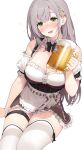  1girl :d absurdres alcohol apron arm_support bangs beer beer_mug bench blunt_bangs blush breasts cleavage cup detached_sleeves dirndl evening flower food german_clothes green_eyes grey_hair hair_flower hair_ornament highres holding holding_cup hololive large_breasts looking_at_viewer mug open_mouth shirogane_noel smile solo thick_thighs thighhighs thighs virtual_youtuber white_thighhighs wrist_cuffs yeije 