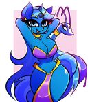  antennae_(anatomy) anthro big_breasts blue_body blue_eyes blue_fur blue_hair breasts cleavage clothed clothing collar duo empty_eyes equid equine female feral fur genie hair hands_behind_head horn horse jewelry long_hair long_tail mammal navel nelljoestar pelvic_curtain pony purple_clothing smile thick_thighs unicorn unknown_species wide_hips 