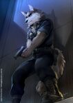  2022 5_fingers anthro blue_eyes boots bottomwear canid canine canis clothing english_text fingers footwear gun hi_res holding_object holding_weapon male mammal pants plantigrade powree ranged_weapon signature solo text topwear uniform weapon wolf year 
