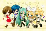  2boys 3girls :&lt; :d bangs belt blonde_hair blue_eyes blue_hair blush boots bow brown_eyes brown_hair coat copyright_name crop_top detached_sleeves fang frown hair_bow hair_ornament hairclip hatsune_miku headphones headset holding_hands kagamine_len kagamine_rin kaito_(vocaloid) kayano_celica leg_warmers long_hair meiko multiple_boys multiple_girls musical_note neckerchief necktie open_mouth parted_bangs pleated_skirt ponytail sailor_collar scarf shirt short_hair short_sleeves shorts skirt sleeveless sleeveless_shirt smile thigh_boots twintails very_long_hair vocaloid walking 