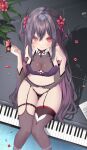  1girl blush breasts bug butterfly flower garter_straps hair_ornament instrument large_breasts long_hair looking_at_viewer moemoepiano navel original petals piano red_eyes smile solo thighhighs thighs 