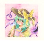  2021 black_headwear blouse bow closed_mouth cup eyeball frilled_shirt_collar frilled_sleeves frills green_eyes green_hair hair_between_eyes hat hat_bow hat_ribbon heart heart_of_string holding holding_cup komeiji_koishi long_sleeves looking_at_viewer medium_hair pink_background ribbon shin1ar24 shirt smile third_eye touhou traditional_media upper_body watercolor_pencil_(medium) yellow_bow yellow_ribbon yellow_shirt 