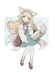  1girl :d animal_ear_fluff animal_ears arknights bag bangs basket blonde_hair blue_background blue_hairband blue_skirt brown_footwear commentary_request crossover fox_ears fox_girl fox_tail frilled_hairband frills full_body green_eyes hairband head_tilt heixiu high-waist_skirt highres jacket kitsune long_hair long_sleeves neck_ribbon open_clothes open_jacket pantyhose puffy_long_sleeves puffy_sleeves red_ribbon ribbon shirt shoes shoulder_bag sitting skirt smile suzuran_(arknights) suzuran_(spring_praise)_(arknights) tail the_legend_of_luo_xiaohei two-tone_background very_long_hair vsmile white_background white_jacket white_pantyhose white_shirt 