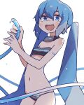  1girl :d bandeau bikini blue_eyes blue_hair breasts hatsune_miku highres hose icon_315 long_hair navel small_breasts smile solo swimsuit twintails very_long_hair vocaloid water white_background 