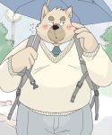  2022 anthro blush canid canine canis clothing domestic_dog fugashi4090 hi_res humanoid_hands kemono male mammal necktie outside overweight overweight_male raining shirt solo sweater topwear umbrella 