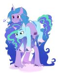  absurd_res aztrial blue_body blue_fur blue_hair blue_tail carrying digital_media_(artwork) duo equid equine eyebrows female feral freckles fur green_eyes hair hasbro hi_res hooves horn izzy_moonbow_(mlp) mammal misty_(g5) mlp_g5 musical_note my_little_pony purple_body purple_eyes purple_fur simple_background smile unicorn unicorn_horn white_background 