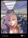  1girl 4boys absurdres aircraft airplane airplane_interior arm_up bangs blunt_bangs breasts bruno_buccellati character_request cleavage crossover english_text flight_attendant grin hat heart highres hololive hololive_english instagram_story jean_pierre_polnareff jojo_no_kimyou_na_bouken joseph_joestar joseph_joestar_(old) kakyoin_noriaki kouhiipan long_hair looking_at_viewer mori_calliope multiple_boys phone_screen pink_hair red_eyes red_scarf scarf selfie smile solo_focus taking_picture travel_attendant v virtual_youtuber 