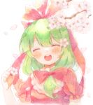  1girl :d ^_^ bangs bow closed_eyes colored_pencil_(medium) commentary_request dress frilled_ribbon frilled_sleeves frills front_ponytail green_hair hair_bow hair_ribbon happy head_tilt highres kagiyama_hina long_hair nig_18 puffy_short_sleeves puffy_sleeves red_dress red_ribbon ribbon short_sleeves smile solo touhou traditional_media upper_body wrist_ribbon 