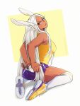  1girl animal_ears arms_behind_back ass bangs bare_arms bare_shoulders boku_no_hero_academia breasts cutting_clothes dark-skinned_female dark_skin hair_over_shoulder highres holding holding_scissors kneehighs large_breasts long_eyelashes looking_back looking_down mirko parted_bangs purple_shorts rabbit_ears rabbit_girl rabbit_tail red_eyes scissors short_shorts shorts sitting socks solo tail tail_through_clothes tank_top thighs toned tongue tongue_out trevo_(trevoshere) twitter_username wariza white_hair white_socks yellow_footwear yellow_tank_top 