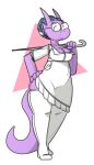  2018 anthro blue_hair blush blush_lines breasts cleavage clothed clothing dogfluid eyewear female glasses hair hi_res kobold leggings legwear markings purple_body purple_tail scalie solo stockings tight_clothing topwear white_clothing 