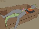  absurd_res anthro clothed clothed/nude clothing dragon erection eyes_closed furniture genitals grey_body hi_res hoodie lying male nude penis sofa solo topwear torgore 