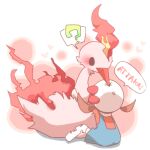  1girl ? arm_up bird black_eyes blue_overalls blush bow brown_hair chibi commentary_request fire from_behind full_body hat hat_bow heart hug lowres lyra_(pokemon) medium_hair moltres overalls pecking pokemon pokemon_(creature) pokemon_(game) pokemon_hgss red_bow red_shirt romaji_text shira_(sirairo116) shirt sitting sketch solid_circle_eyes speech_bubble spoken_question_mark thighhighs translation_request twintails white_background white_headwear white_thighhighs 