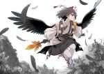  1girl absurdres bird_wings black_gloves black_hair black_wings camera feathered_wings feathers fingerless_gloves geta gloves hand_fan hat hauchiwa highres holding holding_fan japanese_clothes kawayabug pom_pom_(clothes) red_eyes red_headwear shameimaru_aya short_hair solo thighhighs tokin_hat touhou white_thighhighs wings 