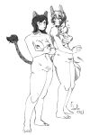  absurd_res animal_humanoid big_nipples black_hair braided_hair covering covering_breasts dark_nipples duo female genitals hair hi_res horse_ears horse_tail humanoid junkochi line_art nervous nipples not_furry nude pussy raised_tail short_hair wide_hips 