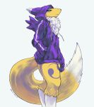  anthro bandai_namco big_tail black_sclera blue_eyes chest_tuft clothed clothing digimon digimon_(species) female fur hoodie kira_dra_h looking_at_viewer markings multicolored_body renamon signature simple_background solo topwear tuft two_tone_body white_background white_body white_fur yellow_body yellow_fur 