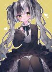  1boy bangs black_hair blush dress eringikinono frilled_dress frills grey_hair hair_ribbon high_collar highres long_sleeves male_focus multicolored_hair neck_ribbon nijisanji otoko_no_ko pantyhose petticoat ribbon sitting smile solo streaked_hair suzuki_masaru two-tone_hair virtual_youtuber wide_sleeves yellow_eyes 