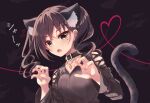  1girl :o animal_ears black_hair black_shirt blush cat_ears cat_tail clothing_cutout extra_ears hair_between_eyes heart idolmaster idolmaster_cinderella_girls leather_choker mole mole_under_eye nyan paw_pose ribbed_shirt rocomani shark sharp_teeth shirt shoulder_cutout silhouette solo sunazuka_akira tail teeth twintails upper_body wavy_hair 