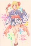  1girl back_bow blonde_hair blue_kimono bow brown_eyes fang frilled_kimono frills happy highres holding japanese_clothes kimono leg_up long_sleeves open_mouth painting_(medium) red_bow rumia shin1ar24 short_hair skin_fang slippers solo standing standing_on_one_leg touhou traditional_media watercolor_(medium) watercolor_pencil_(medium) wide_sleeves yukata 
