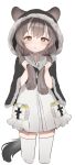  1girl :&lt; absurdres animal_ears arknights bangs black_cloak blush brown_hair cloak commentary_request cropped_legs dress ears_through_headwear fur-trimmed_cloak fur-trimmed_hood fur_trim hair_between_eyes hands_up highres holding holding_hair honeyberry_(arknights) hood hood_up hooded_cloak long_hair looking_at_viewer mang multicolored_hair parted_lips simple_background solo streaked_hair tail thighhighs triangle_mouth white_background white_dress white_hair white_thighhighs yellow_eyes 