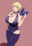  1girl arito_kei black_leotard blonde_hair breasts brown_background cleavage covered_navel earrings fuuto_tantei highres hoop_earrings jewelry large_breasts leotard lipstick looking_at_viewer makeup mask mask_removed no-28 red_eyes short_hair solo standing 