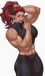  1girl abs absurdres breasts highres horns large_breasts long_hair m4rjinn midriff monster_girl muscular muscular_female navel original pointy_ears ponytail red_hair slit_pupils solo yellow_eyes 