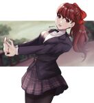  1girl black_jacket black_pantyhose bow buttons commentary hair_bow highres jacket long_hair long_sleeves looking_at_viewer open_mouth pantyhose persona persona_5 persona_5_the_royal plaid plaid_skirt pleated_skirt ponytail pppppknw red_bow red_eyes red_hair school_uniform shirt shuujin_academy_uniform skirt smile solo twitter_username uniform white_shirt yoshizawa_kasumi 
