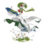  apios1 bob_cut colored_skin flower full_body gardevoir grass green_hair green_skin hands_up highres multicolored_skin one_eye_covered open_mouth pokemon pokemon_(creature) short_hair simple_background solo standing standing_on_one_leg two-tone_skin white_background white_skin 
