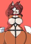  2018 2_tails anthro big_breasts blue_eyes breasts canid canine collar dogfluid eyewear fangs female fox fur glasses hair hi_res mammal markings multi_tail multicolored_body multicolored_fur nipples open_mouth orange_body orange_fur orange_tail red_collar red_hair simple_background smile solo tongue two_tone_body two_tone_fur two_tone_tail white_body white_fur white_tail 