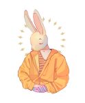  clothing ears_up eyes_closed female hand_holding hi_res jacket junkochi lagomorph leporid mammal orange_clothing pattern_clothing pink_fingers pink_nose rabbit simple_background solo sparkles striped_clothing stripes topwear white_background 