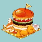  among_us artist_name blue_background burger cheese chicken_nuggets chips_(food) commentary dum_sticky_note food food_focus highres ketchup lettuce mini_flag no_humans pennant potato_wedges signature simple_background symbol-only_commentary tenmiyakiyo 