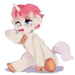  2015 axth blue_body blue_fur bodily_fluids child crying digital_drawing_(artwork) digital_media_(artwork) equid equine eyeshadow feral frown fur hair hi_res hooves horn makeup male mammal mane osamu_tezuka pink_eyeliner pink_eyeshadow pink_hair pink_mane sad sanrio signature simple_background sitting solo tears unico unico_(series) unicorn white_background wiping_tears young 