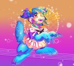  &lt;3 absurd_res ambiguous_gender band-aid bandage blue_body blue_fur blue_hair bottomwear claws clothing collar female fur hair hi_res humanoid junkochi monster_girl_(genre) not_furry one_eye_obstructed open_mouth patch_(fabric) pigtails pink_tongue purple_background raised_tail red_eyes sailor_uniform simple_background skirt solo toe_claws tongue 