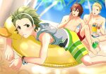  3boys absurdres ahoge amagase_touma barefoot beach blonde_hair blue_eyes blue_sky bracelet brown_hair can green_eyes green_hair highres hood hoodie idolmaster idolmaster_side-m jewelry jupiter_(idolmaster) legs m_sakanap mitarai_shouta multiple_boys one_eye_closed palm_tree sand shorts sky sleeveless soda soda_can toenails toes topless topless_male tree 