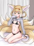  1girl :o absurdres animal_ear_fluff animal_ears arknights bangs bare_arms barefoot bikini bikini_under_clothes black_bikini blonde_hair blush braid breasts commentary english_commentary fox_ears fox_girl fox_tail hair_between_eyes hair_rings hairband hand_up highres hood hood_down long_sleeves looking_at_viewer multicolored_hair navel nose_blush orange_hairband parted_lips rylaera seiza shrug_(clothing) side-tie_bikini_bottom sitting sketch sleeves_past_fingers sleeves_past_wrists small_breasts solo suzuran_(arknights) swimsuit tail twin_braids two-tone_hair white_hair 