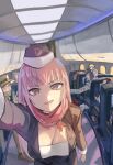  1girl 4boys absurdres aircraft airplane airplane_interior arm_up bangs blunt_bangs breasts bruno_buccellati character_request cleavage crossover flight_attendant grin hat highres hololive hololive_english jean_pierre_polnareff jojo_no_kimyou_na_bouken joseph_joestar joseph_joestar_(old) kakyoin_noriaki kouhiipan large_breasts long_hair looking_at_viewer mori_calliope multiple_boys pink_hair red_eyes red_scarf scarf selfie smile solo_focus taking_picture travel_attendant v virtual_youtuber 