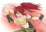  1girl bare_shoulders belt blood blood_splatter breasts camouflage camouflage_pants crylin6 dark_persona dog_tags gloves glowing glowing_eyes highres leona_heidern open_mouth orochi_leona pants ponytail solo tank_top the_king_of_fighters the_king_of_fighters_xv yellow_eyes yellow_tank_top 