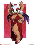  absurd_res anthro bangle big_breasts border breasts chiropteran cleavage clothed clothing ear_piercing ear_ring female footwear hand_behind_head hi_res high_heels jewelry lipstick looking_at_viewer makeup mammal omegasunburst piercing ring_piercing rouge_the_bat sega slit_dress solo sonic_the_hedgehog_(series) white_border wings 