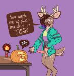  absurd_res animal_genitalia animal_penis anthro antlers balls big_ears brown_body brown_fur cervid cervine_penis clothed clothing coat dangerous dyyrlysh food food_fetish food_play fruit fur genitals half-erect halloween hi_res holidays horn humor jack-o&#039;-lantern male mammal meme partially_clothed penis pink_penis plant pulling_clothing pumpkin sassy sheath solo speech_bubble tapering_penis text topwear trollface 