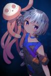  1girl animal bangs choker dark-skinned_female dark_skin detached_sleeves earrings ebosi_(vtuber) eringikinono expressionless grey_hair highres indie_virtual_youtuber jellyfish jewelry long_hair low_ponytail purple_eyes shorts solo tank_top virtual_youtuber 