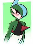  2022 absurd_res blue_hair blush blush_lines choker clothed clothing gallade generation_4_pokemon green_body green_hair hair hi_res humanoid jewelry looking_up male navel necklace nintendo pokemon pokemon_(species) red_eyes saltyxodium solo video_games white_body 