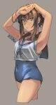  1girl adapted_costume arms_up artist_name black_sailor_collar blue_neckerchief blue_one-piece_swimsuit commentary_request covered_navel cowboy_shot crop_top cropped_legs ergot fubuki_(kancolle) fubuki_kai_ni_(kancolle) green_eyes grey_background highres kantai_collection low_ponytail medium_hair neckerchief sailor_collar school_swimsuit shirt simple_background sleeveless sleeveless_shirt standing swimsuit 