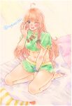  1girl barefoot bed bed_sheet between_legs blue_eyes blush full_body green_pajamas hand_between_legs highres hong_meiling indoors long_hair looking_at_viewer midriff navel one_eye_closed orange_hair painting_(medium) pajamas shin1ar24 solo striped_pillow tassel touhou traditional_media very_long_hair waking_up watercolor_(medium) watercolor_pencil_(medium) yawning 