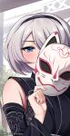  1girl absurdres black_hairband blue_eyes blush detached_sleeves fox_mask grey_hair hair_over_one_eye hairband highres japanese_clothes looking_at_viewer mask mask_removed namu_(112namu) nier_(series) nier_automata official_alternate_costume upper_body yorha_no._2_type_b 