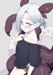  1girl black_shirt blush collarbone glasses grey_background grey_hair highres off_shoulder ogami_kazuki orange_eyes original rimless_eyewear round_eyewear sanpaku scylla_(ogami_kazuki) shirt short_ponytail shorts solo tentacles thick_eyebrows 