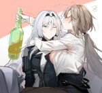  2girls an-94_(girls&#039;_frontline) aqua_eyes arms_around_neck bangs black_gloves blush bottle breasts breasts_out character_request closed_eyes collared_shirt couch drunk earrings girls&#039;_frontline gloves grey_hair hair_tie hand_on_another&#039;s_shoulder hand_on_another&#039;s_waist heart jewelry large_breasts long_hair looking_at_another multiple_girls musical_note nipples one_breast_out one_eye_closed open_clothes open_shirt pantyhose ponytail shirt single_earring sitting sitting_on_lap sitting_on_person skirt smile tactical_clothes uno_ryoku white_gloves white_shirt 