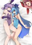  3girls ^_^ absurdres ahoge animal_ears armband bare_shoulders bed_sheet blue_hair blue_leotard bow bowtie breasts cleavage closed_eyes closed_mouth commentary_request commission covered_navel datemegane detached_collar double_v fake_animal_ears feet_out_of_frame flat_chest gloves groin hair_tubes hairband highres kotonoha_akane kotonoha_aoi leotard long_hair medium_hair multiple_girls nervous_smile nipples on_bed open_mouth playboy_bunny pubic_tattoo purple_eyes purple_gloves purple_hair purple_leotard rabbit_ears rabbit_tail red_eyes see-through_clothes see-through_leotard sidelocks skeb_commission small_breasts smile sweatdrop tail tattoo twitter_username under-elbow_gloves v voiceroid wrist_cuffs yuzuki_yukari 