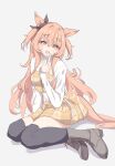  1girl animal_ears belt black_thighhighs blush bow brown_ribbon buckle cherry_necklace commentary dress ear_bow ear_ribbon food-themed_necklace hair_between_eyes heart heart-shaped_buckle highres horse_ears horse_girl horse_tail index_finger_raised jewelry long_hair long_sleeves looking_at_viewer mayano_top_gun_(casual)_(umamusume) mayano_top_gun_(umamusume) necklace open_mouth orange_eyes orange_hair plaid_clothes plaid_dress ribbon shirt simple_background sitting skirt smile solo tail thighhighs tofu_thunder two_side_up umamusume vest white_belt white_shirt yellow_skirt yellow_vest yokozuwari 